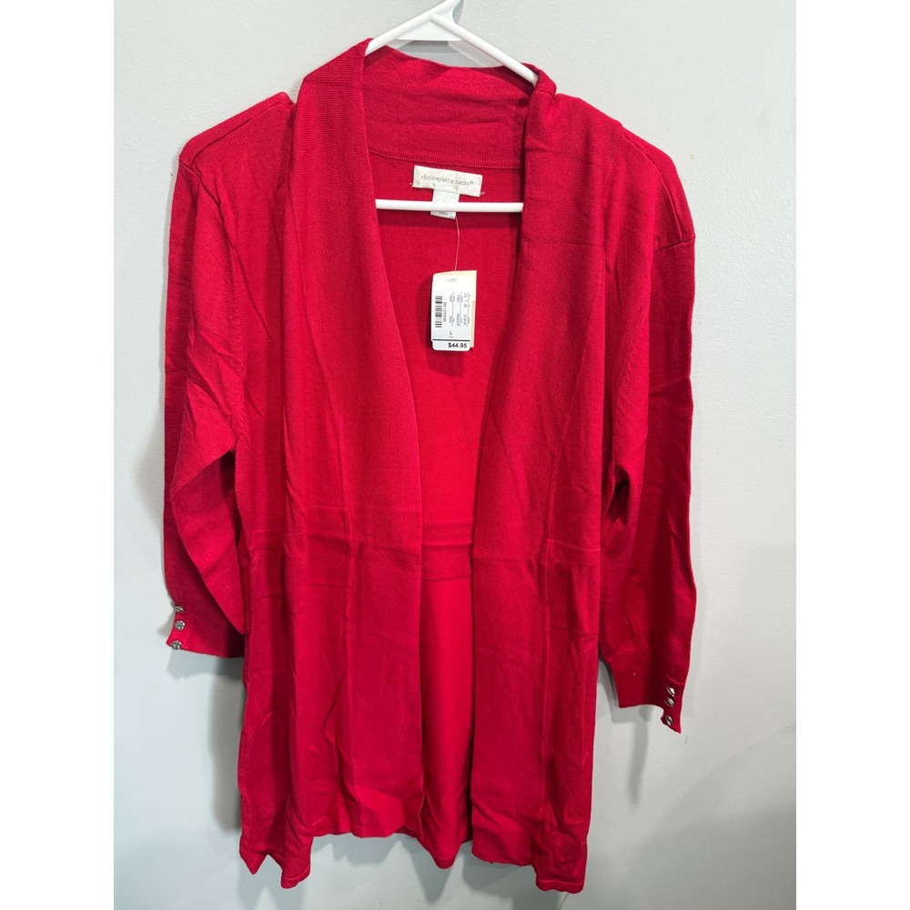 Christopher & Banks Red Open Front Cardigan 3/4 Sleeve Button Cuff NWT Large